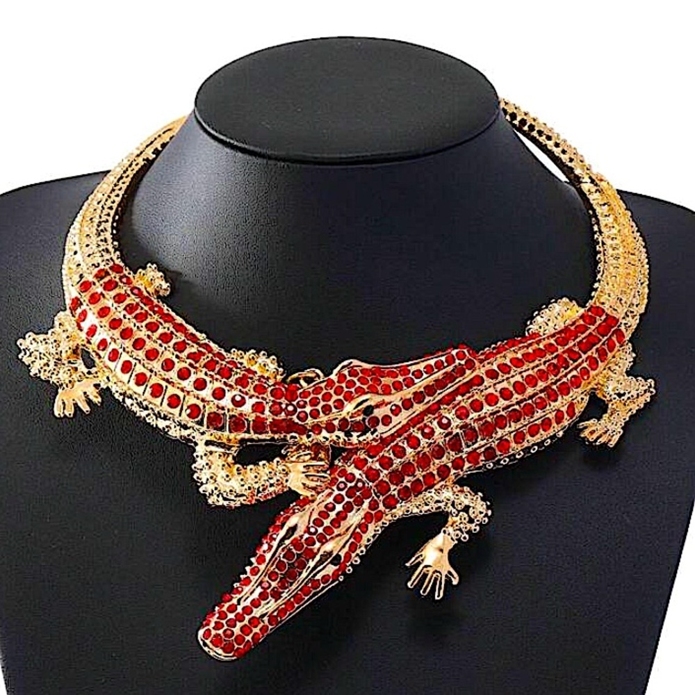 Gold & Red Color Crocodile Alligator Choker Statement Necklace Dou…